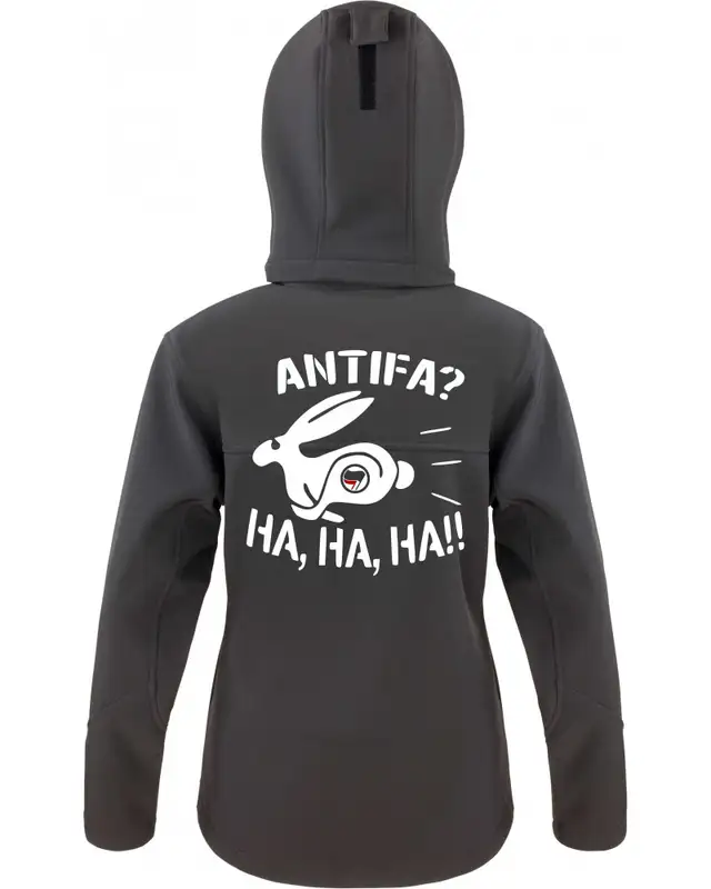 Bestickte Damen Softshell Kapuzenjacke (Antifa, ha ha ha) Bild 2