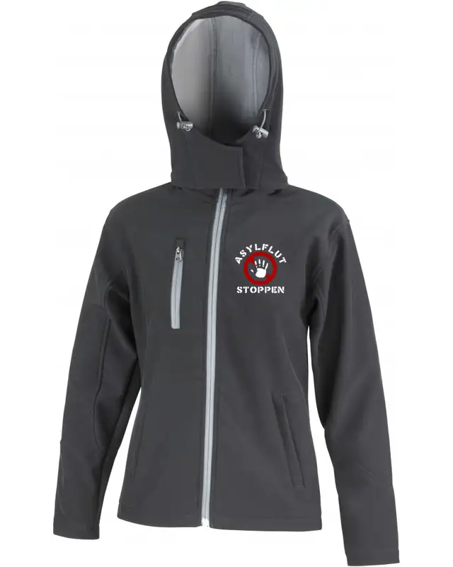 Bestickte Damen Softshell Kapuzenjacke (Asylflut stoppen)