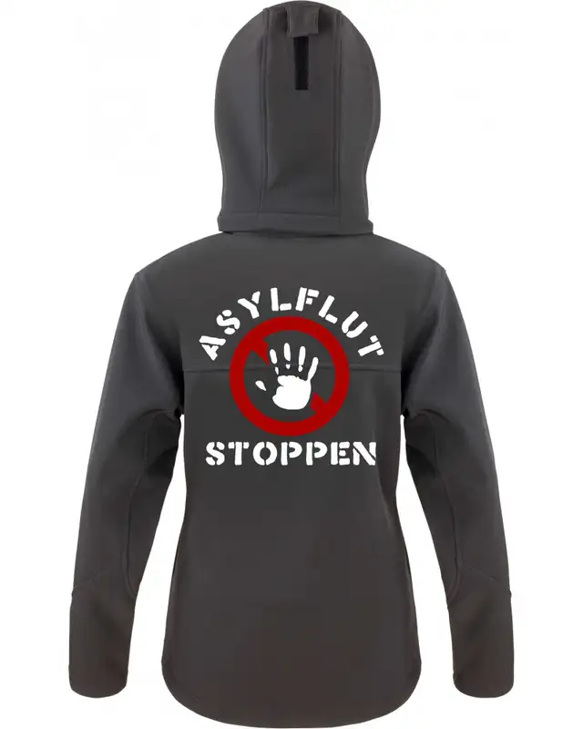 Bestickte Damen Softshell Kapuzenjacke (Asylflut stoppen) Bild 2