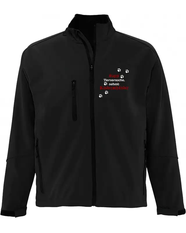 Bestickte Herren Softshell Jacke "3 Lagen" (Stoppt Tierversuche, nehmt Kinderschänder)