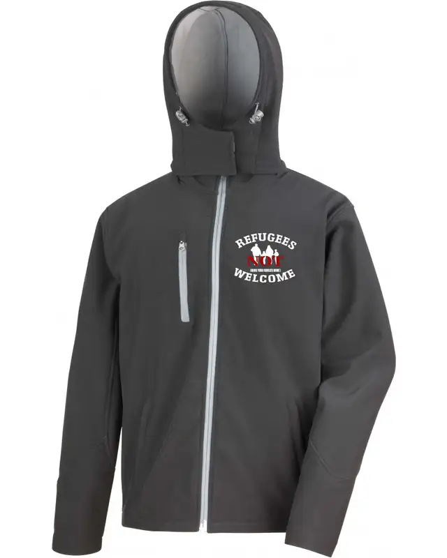 Bestickte Herren Softshell Kapuzenjacke (Refugees not welcome)
