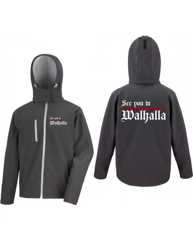 Bestickte Herren Softshell Kapuzenjacke (See you in Walhalla, Strich) Bild 3
