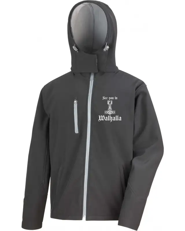 Bestickte Herren Softshell Kapuzenjacke (See you in Walhalla Thorhammer)