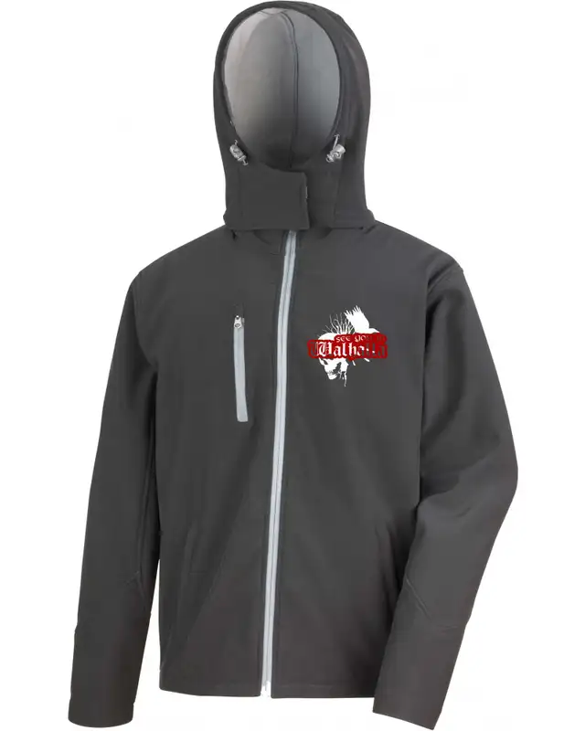 Bestickte Herren Softshell Kapuzenjacke (See you in Walhalla, Totenkopf)