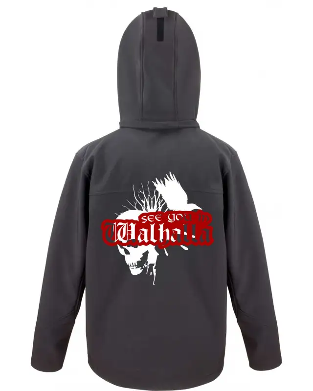 Bestickte Herren Softshell Kapuzenjacke (See you in Walhalla, Totenkopf) Bild 2