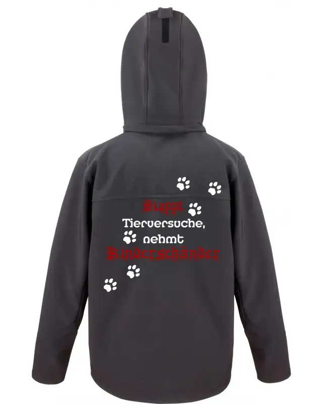 Bestickte Herren Softshell Kapuzenjacke (Stoppt Tierversuche, nehmt Kinderschänder) Bild 2