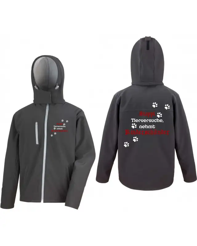 Bestickte Herren Softshell Kapuzenjacke (Stoppt Tierversuche, nehmt Kinderschänder) Bild 3