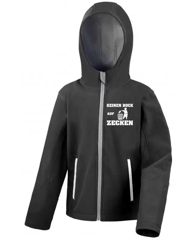 Bestickte Kinder Softshell Kapuzenjacke (Keinen Bock auf Zecken)