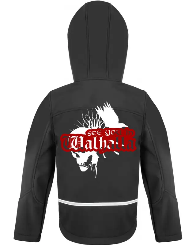 Bestickte Kinder Softshell Kapuzenjacke (See you in Walhalla, Totenkopf) Bild 2