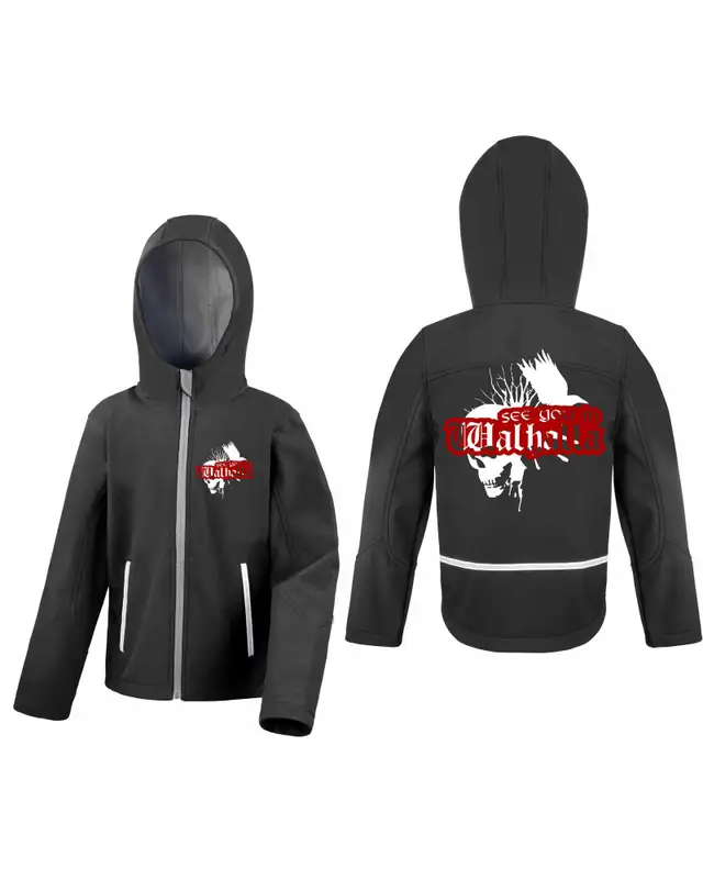 Bestickte Kinder Softshell Kapuzenjacke (See you in Walhalla, Totenkopf) Bild 3