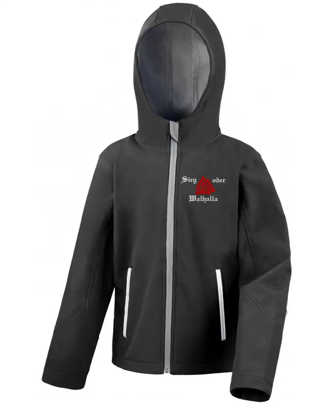 Bestickte Kinder Softshell Kapuzenjacke (Sieg oder Walhalla)
