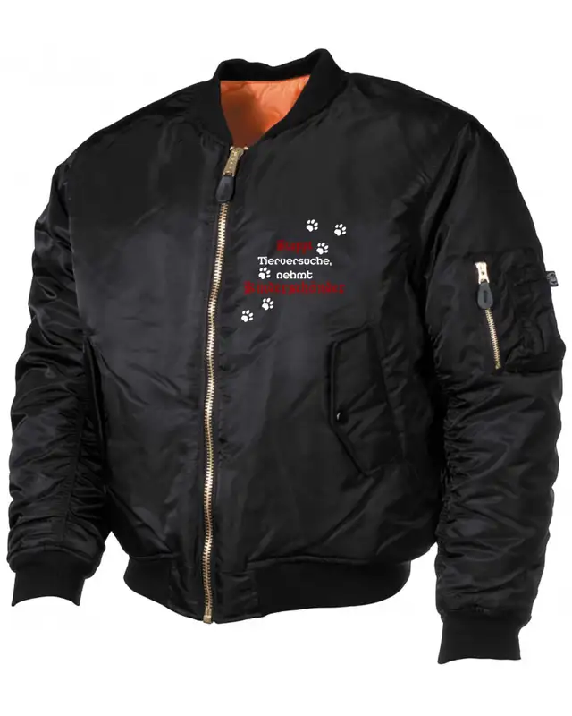 Bestickte MA1 Bomberjacke (Stoppt Tierversuche, nehmt Kinderschänder)
