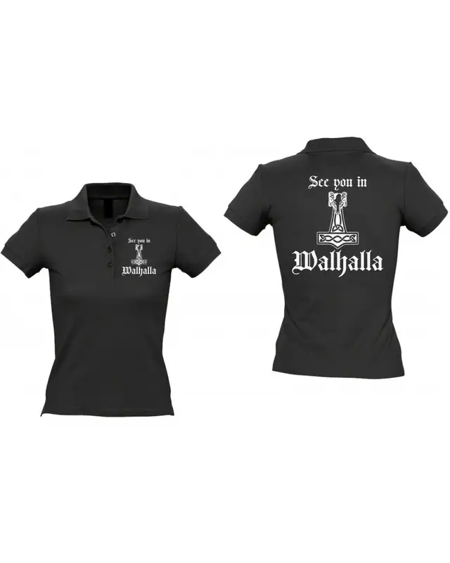 Besticktes Damen Poloshirt (See you in Walhalla Thorhammer) Bild 3