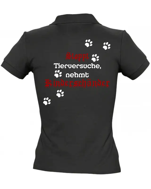 Besticktes Damen Poloshirt (Stoppt Tierversuche, nehmt Kinderschänder) Bild 2