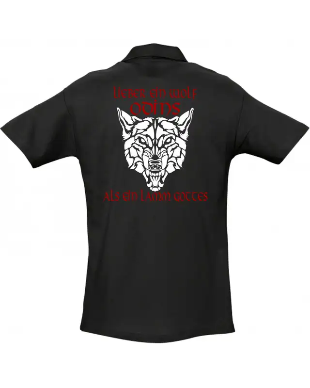 Besticktes Herren Poloshirt (Lieber ein Wolf Odins als ein Lamm Gottes) Bild 2