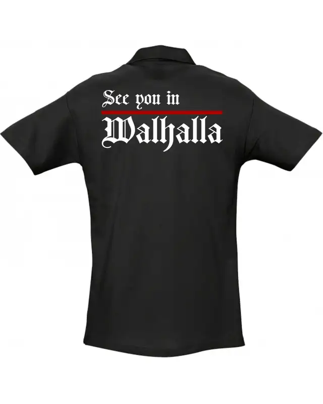 Besticktes Herren Poloshirt (See you in Walhalla, Strich) Bild 2