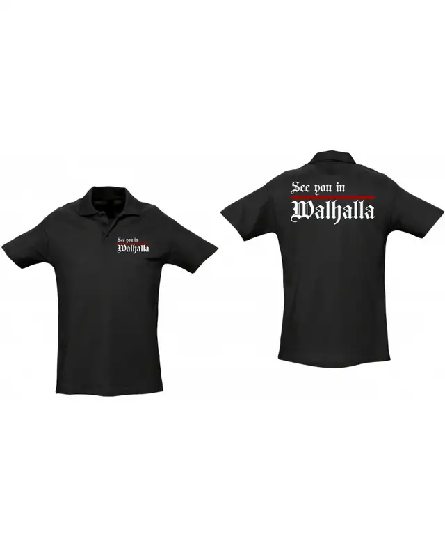 Besticktes Herren Poloshirt (See you in Walhalla, Strich) Bild 3