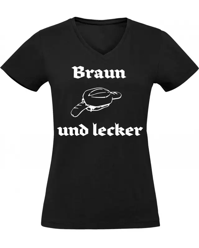 Damen V-Ausschnitt T-Shirt (Braun und lecker)