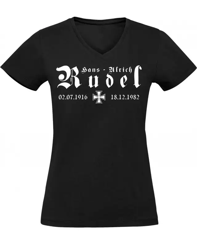 Damen V-Ausschnitt T-Shirt (Hans - Ulrich Rudel, Kreuz)