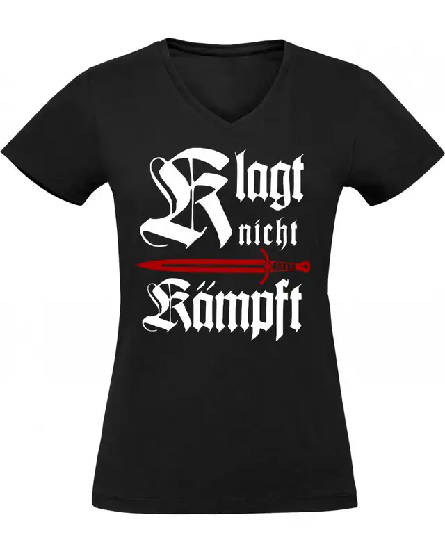 Damen V-Ausschnitt T-Shirt (Klagt nicht kämpft, Schwert)