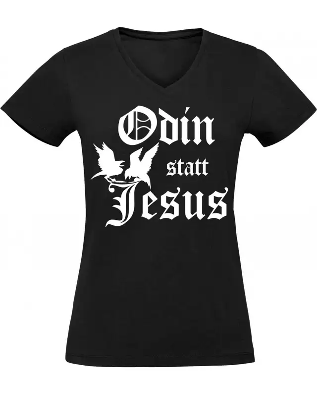 Damen V-Ausschnitt T-Shirt (Odin statt Jesus)