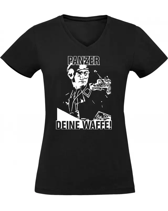 Damen V-Ausschnitt T-Shirt (Panzer, deine Waffe!)