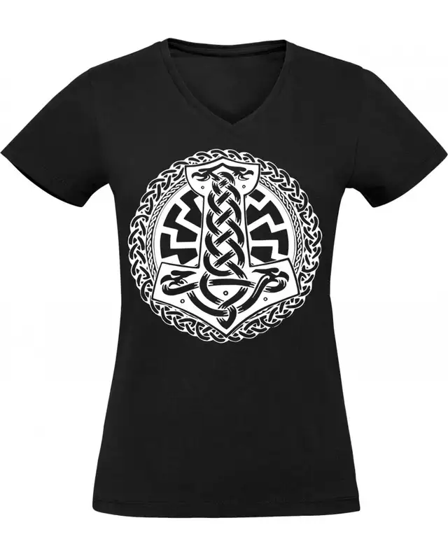 Damen V-Ausschnitt T-Shirt (Schwarze Sonne, Thorhammer)