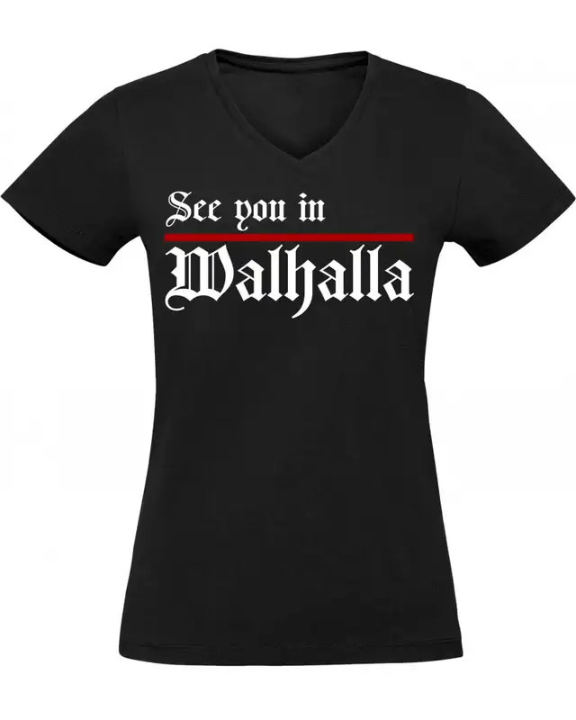 Damen V-Ausschnitt T-Shirt (See you in Walhalla, Strich)