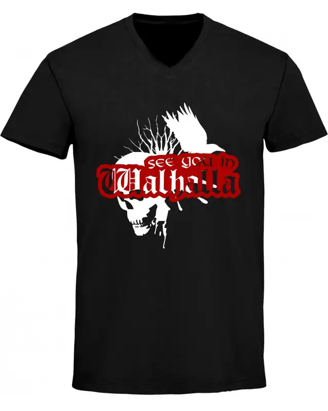 Herren V-Ausschnitt T-Shirt (See you in Walhalla, Totenkopf)
